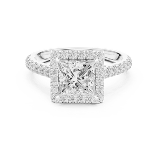 Front View: Princess Diamond Halo Engagement Ring with Pavé Band in 18K White Gold – Lab Grown – Driona Jewels