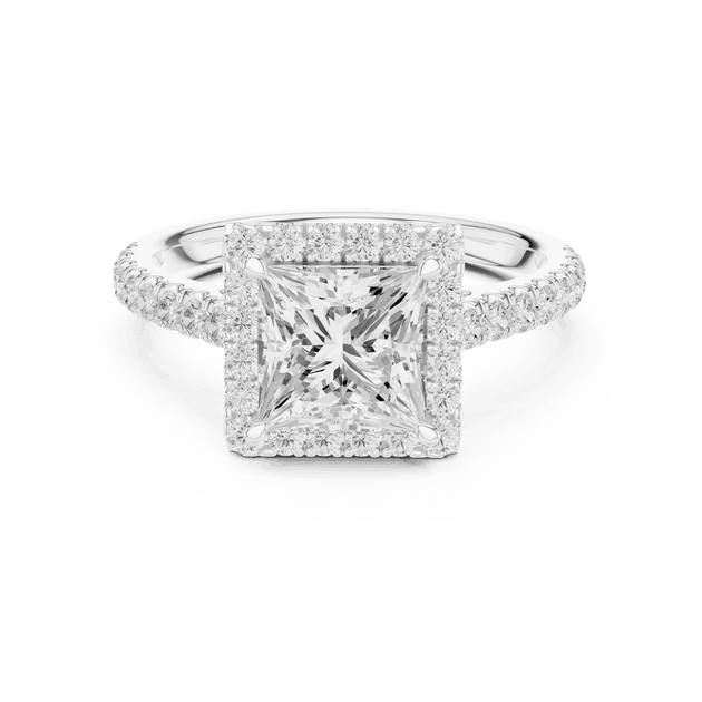 Front View: Princess Diamond Halo Engagement Ring with Pavé Band in 18K White Gold – Lab Grown – Driona Jewels
