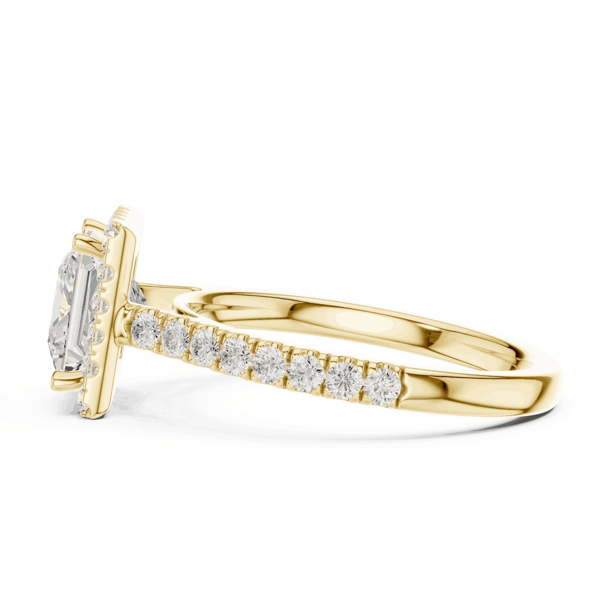 Side Profile: Princess Diamond Halo Engagement Ring with Pavé Band in 18K White Gold – Lab Grown – Driona Jewels