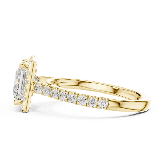 Side Profile: Princess Diamond Halo Engagement Ring with Pavé Band in 18K White Gold – Lab Grown – Driona Jewels