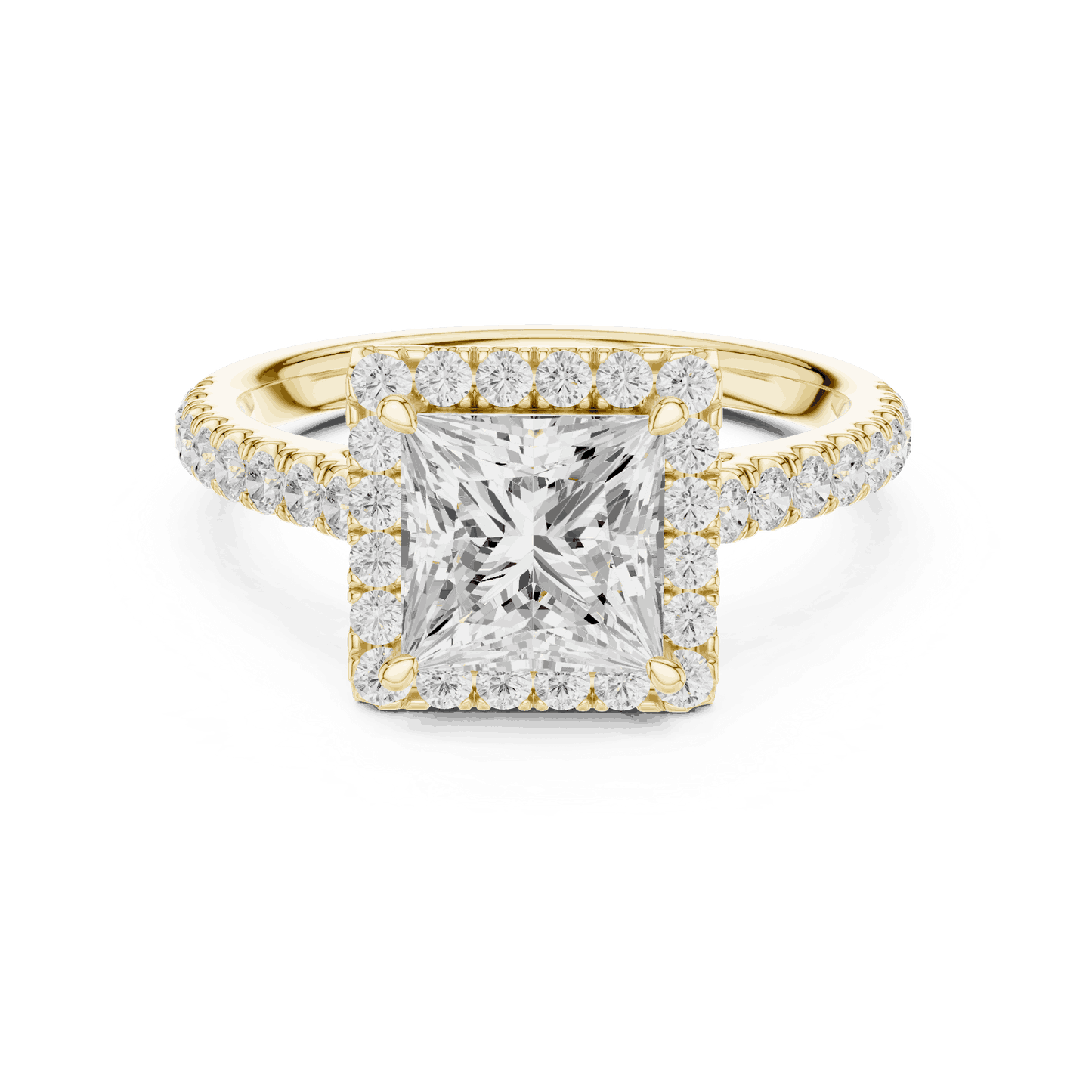 Three-Quarter View: Princess Diamond Halo Engagement Ring with Pavé Band in 18K White Gold – Lab Grown – Driona Jewels