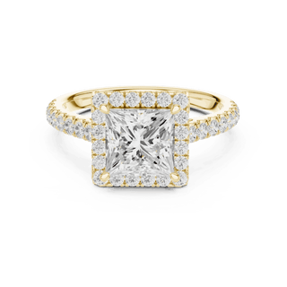 Three-Quarter View: Princess Diamond Halo Engagement Ring with Pavé Band in 18K White Gold – Lab Grown – Driona Jewels