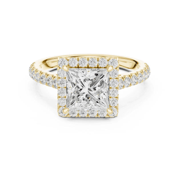 Three-Quarter View: Princess Diamond Halo Engagement Ring with Pavé Band in 18K White Gold – Lab Grown – Driona Jewels