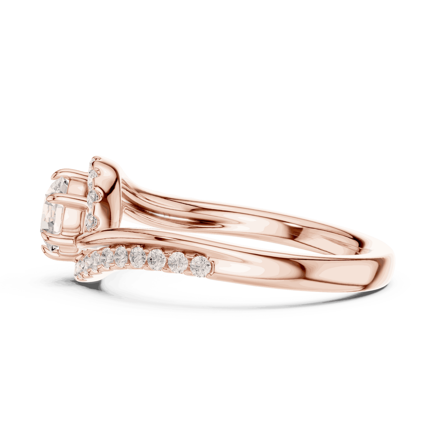 Back View: Round Brilliant Diamond Engagement Ring with Bypass Halo Pavé Setting in 18K Rose Gold – Lab Grown – Driona Jewels