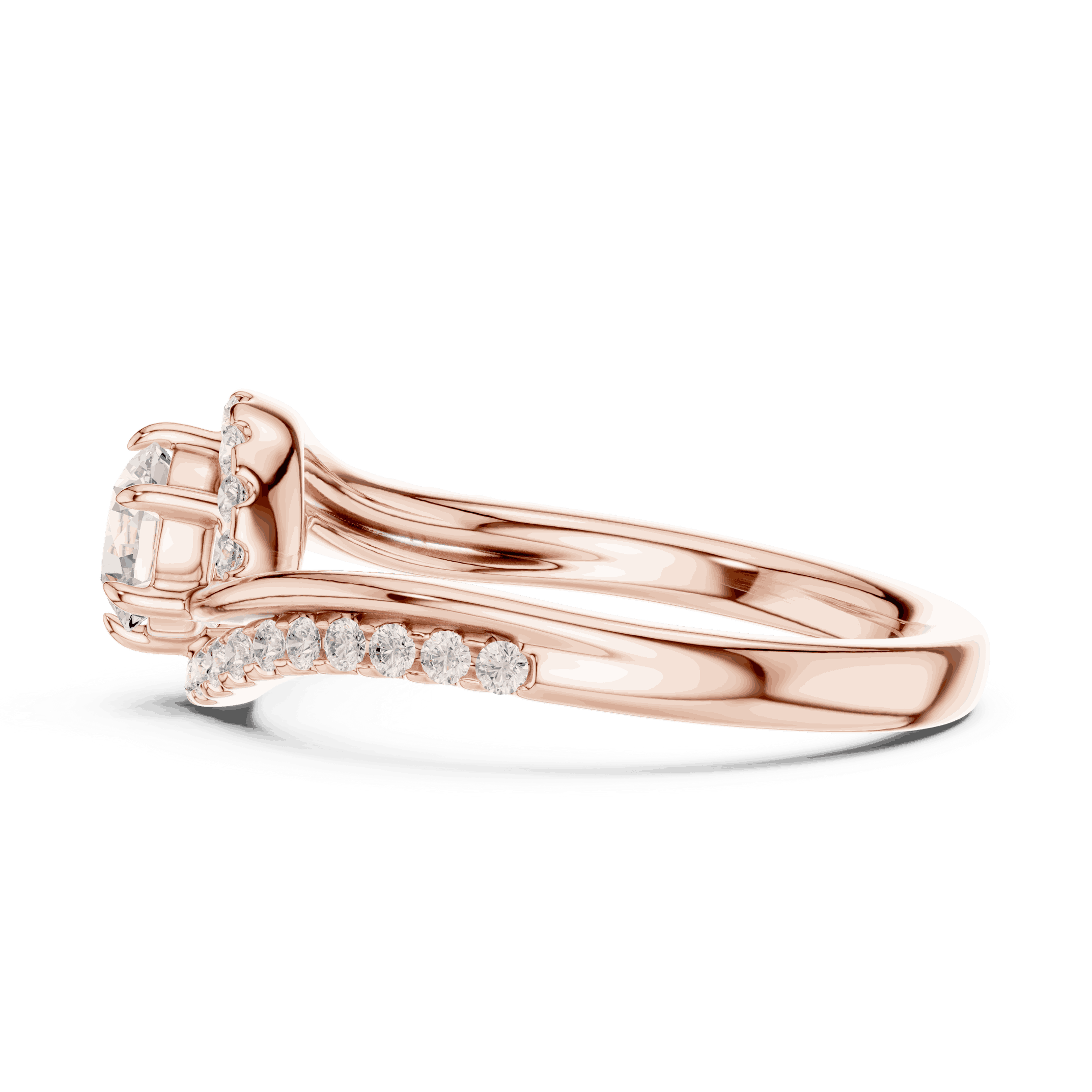 Back View: Round Brilliant Diamond Engagement Ring with Bypass Halo Pavé Setting in 18K Rose Gold – Lab Grown – Driona Jewels
