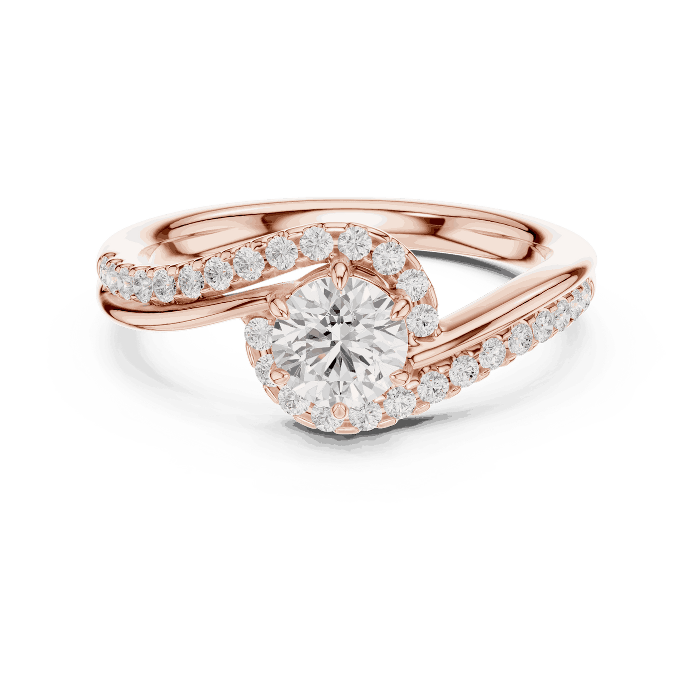Front View: Round Brilliant Diamond Engagement Ring with Bypass Halo Pavé Setting in 18K Rose Gold – Lab Grown – Driona Jewels