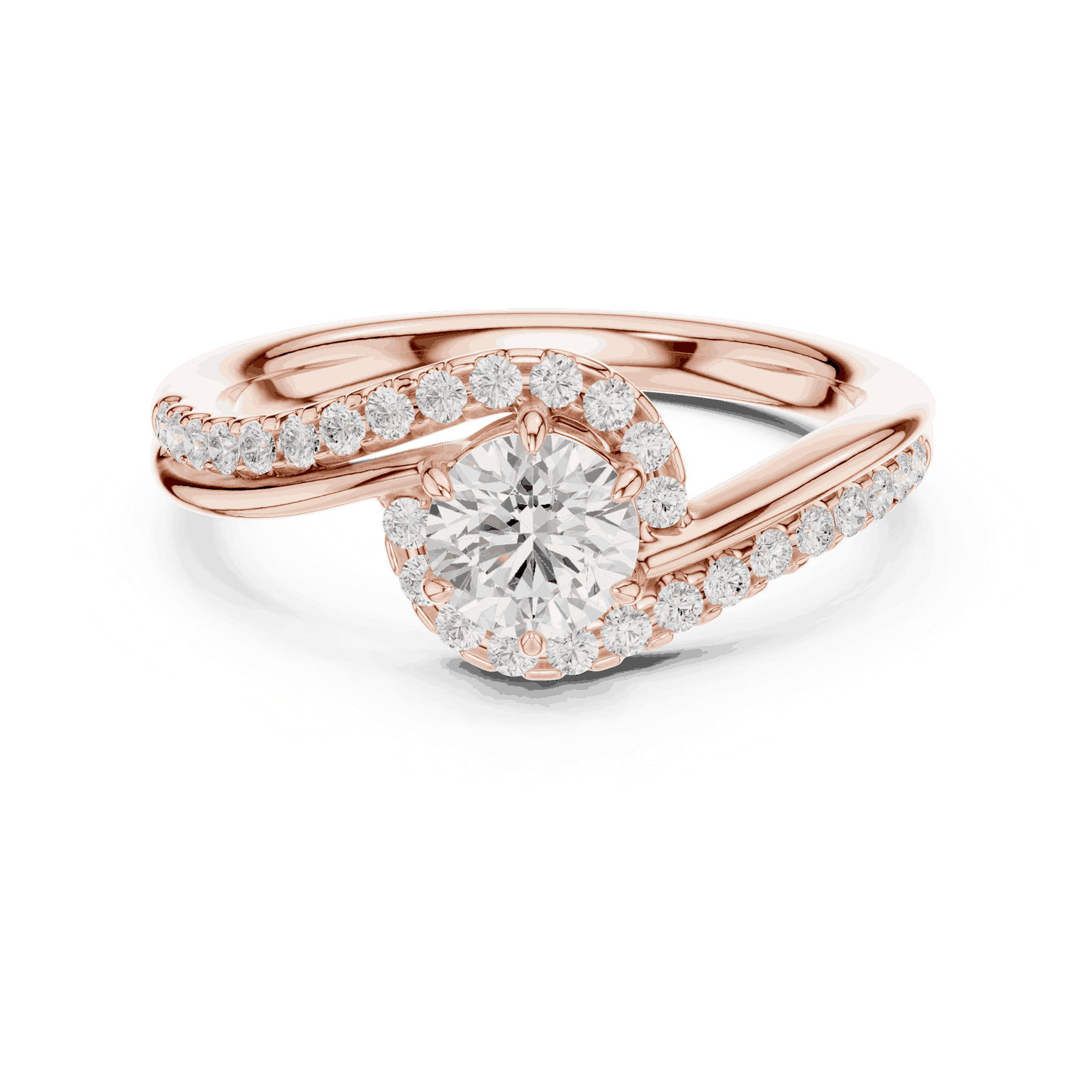 Front View: Round Brilliant Diamond Engagement Ring with Bypass Halo Pavé Setting in 18K Rose Gold – Lab Grown – Driona Jewels