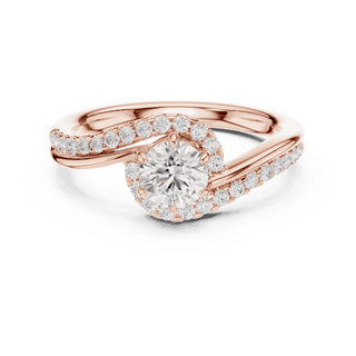 Front View: Round Brilliant Diamond Engagement Ring with Bypass Halo Pavé Setting in 18K Rose Gold – Lab Grown – Driona Jewels