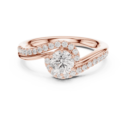 Front View: Round Brilliant Diamond Engagement Ring with Bypass Halo Pavé Setting in 18K Rose Gold – Lab Grown – Driona Jewels