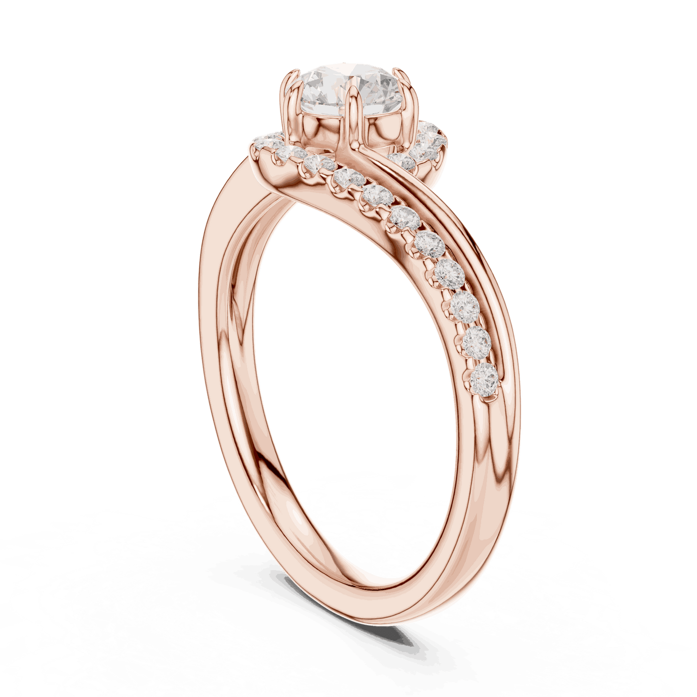 Side Profile: Round Brilliant Diamond Engagement Ring with Bypass Halo Pavé Setting in 18K Rose Gold – Lab Grown – Driona Jewels