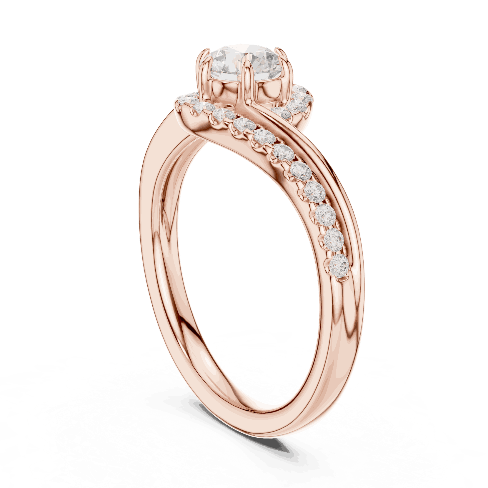 Side Profile: Round Brilliant Diamond Engagement Ring with Bypass Halo Pavé Setting in 18K Rose Gold – Lab Grown – Driona Jewels