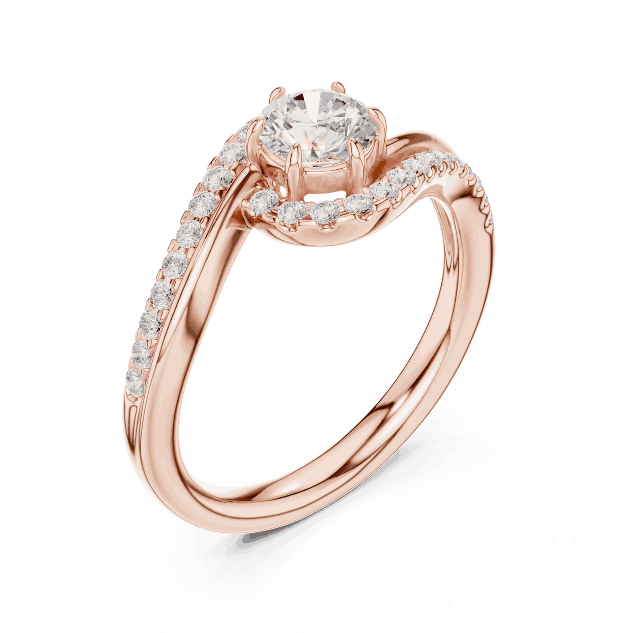Three-Quarter View: Round Brilliant Diamond Engagement Ring with Bypass Halo Pavé Setting in 18K Rose Gold – Lab Grown – Driona Jewels