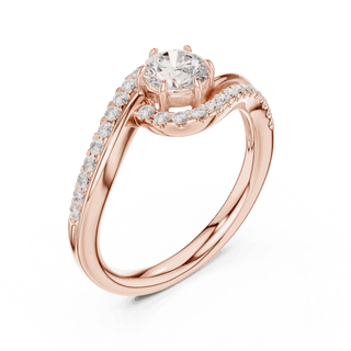 Three-Quarter View: Round Brilliant Diamond Engagement Ring with Bypass Halo Pavé Setting in 18K Rose Gold – Lab Grown – Driona Jewels