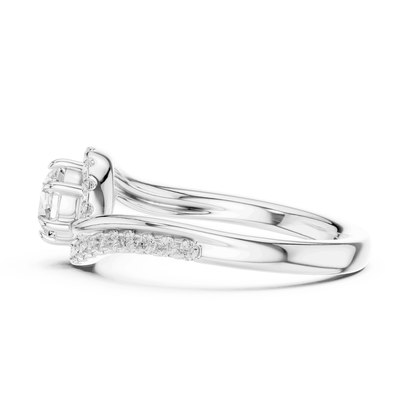 Back View: Round Brilliant Diamond Engagement Ring with Bypass Halo Pavé Setting in 18K White Gold – Lab Grown – Driona Jewels