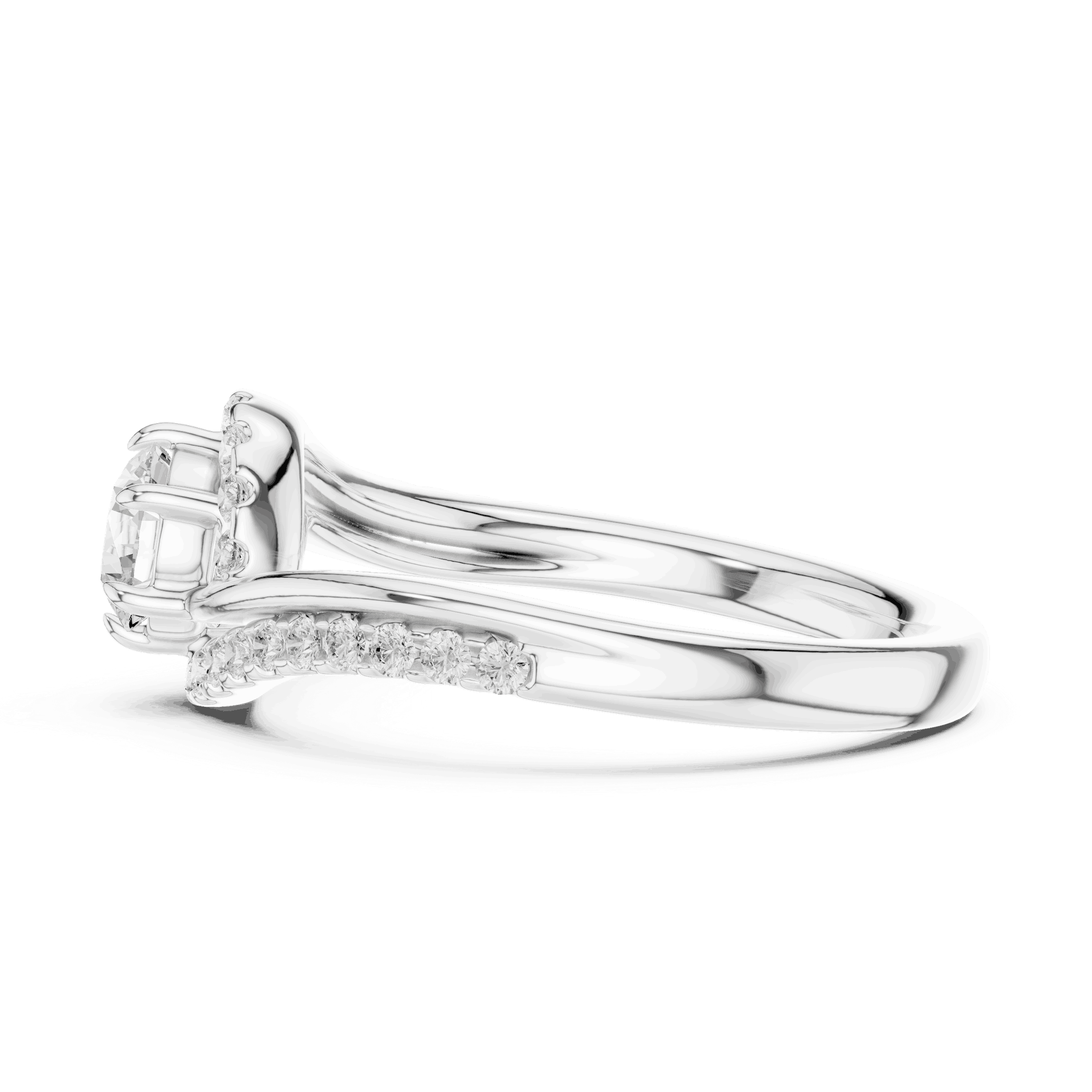 Back View: Round Brilliant Diamond Engagement Ring with Bypass Halo Pavé Setting in 18K White Gold – Lab Grown – Driona Jewels