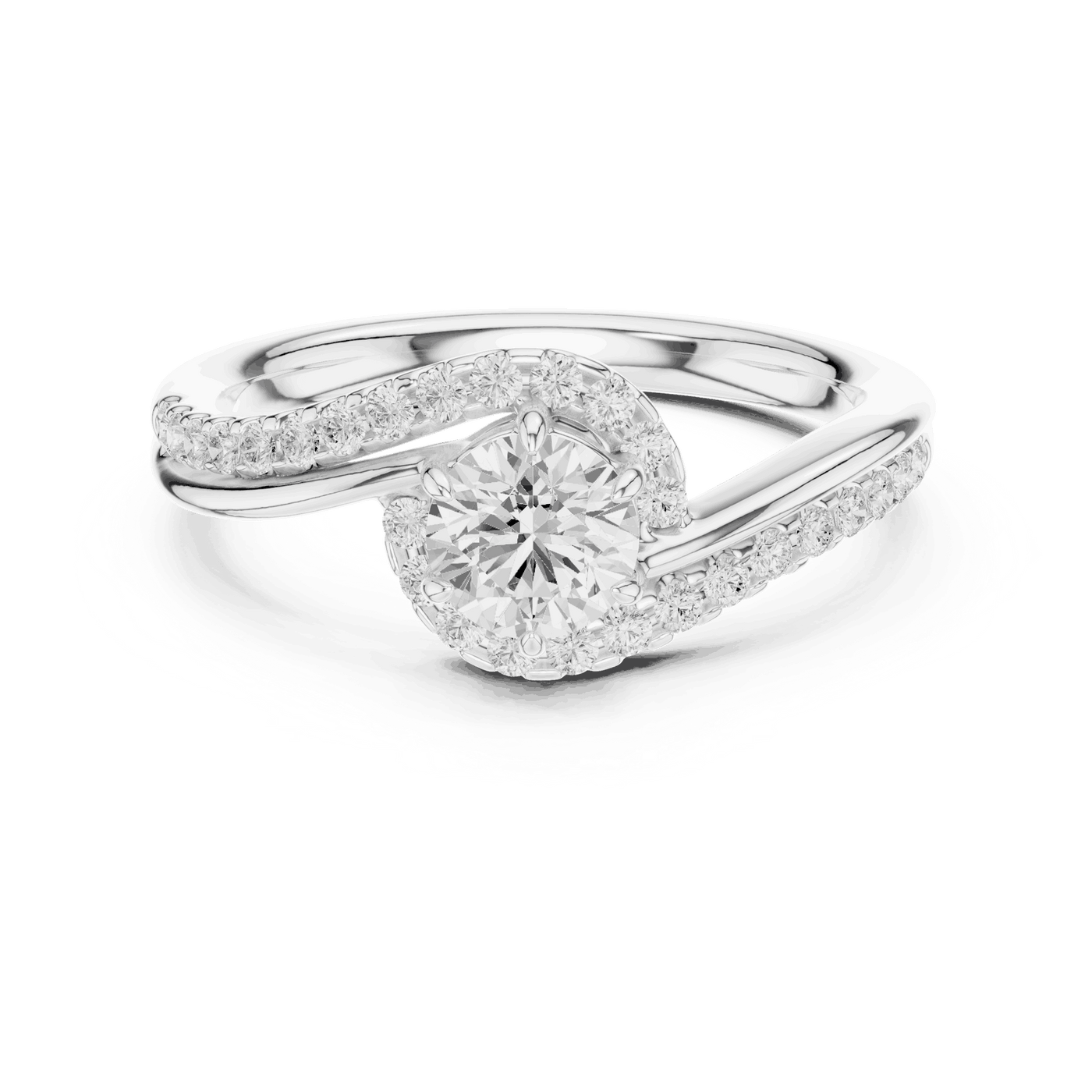 Front View: Round Brilliant Diamond Engagement Ring with Bypass Halo Pavé Setting in 18K White Gold – Lab Grown – Driona Jewels