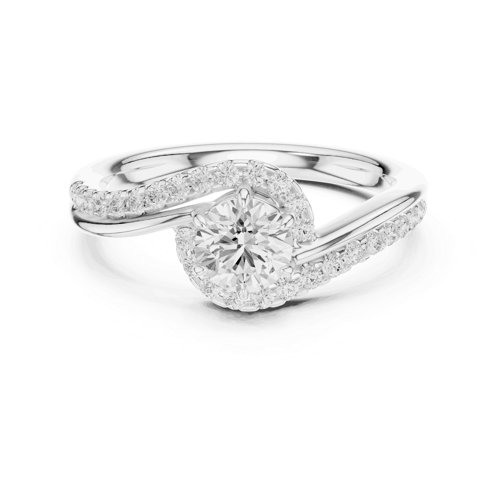 Front View: Round Brilliant Diamond Engagement Ring with Bypass Halo Pavé Setting in 18K White Gold – Lab Grown – Driona Jewels