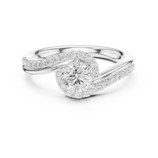 Front View: Round Brilliant Diamond Engagement Ring with Bypass Halo Pavé Setting in 18K White Gold – Lab Grown – Driona Jewels