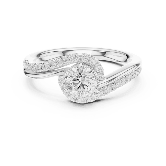 Front View: Round Brilliant Diamond Engagement Ring with Bypass Halo Pavé Setting in 18K White Gold – Lab Grown – Driona Jewels