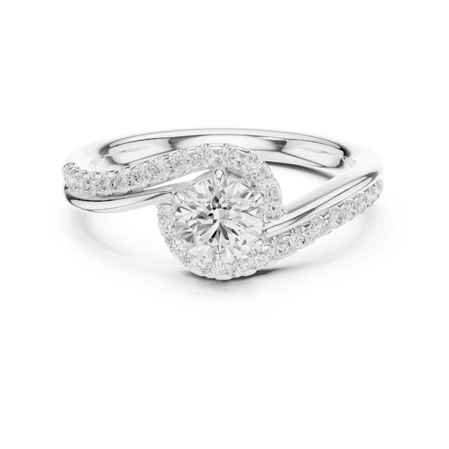 Front View: Round Brilliant Diamond Engagement Ring with Bypass Halo Pavé Setting in 18K White Gold – Lab Grown – Driona Jewels