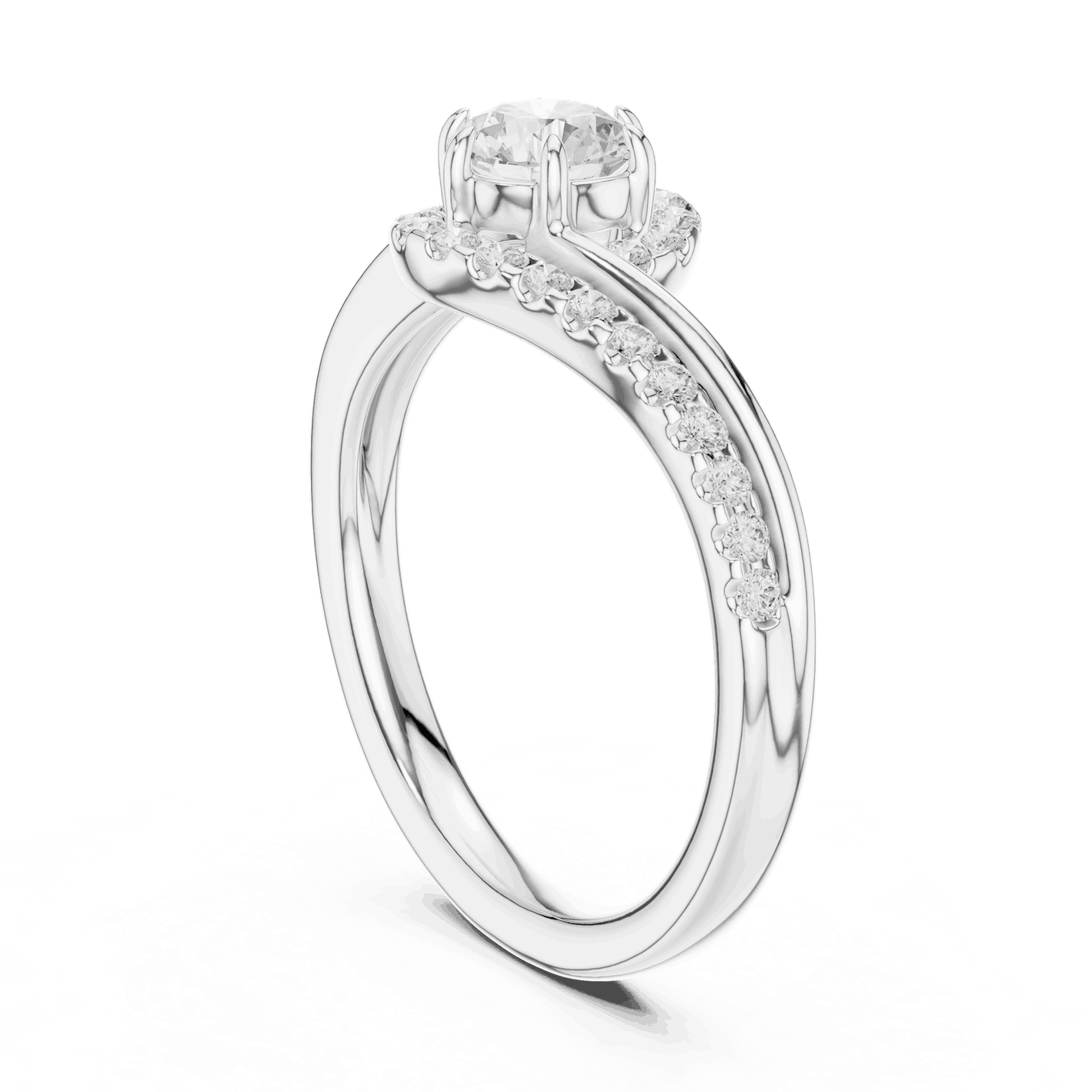 Side Profile: Round Brilliant Diamond Engagement Ring with Bypass Halo Pavé Setting in 18K White Gold – Lab Grown – Driona Jewels