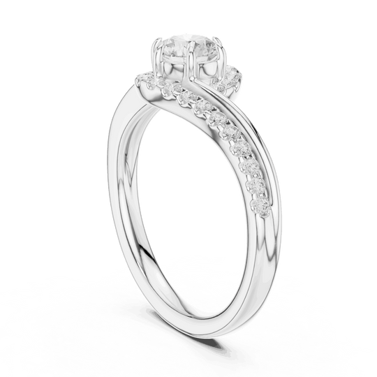 Side Profile: Round Brilliant Diamond Engagement Ring with Bypass Halo Pavé Setting in 18K White Gold – Lab Grown – Driona Jewels