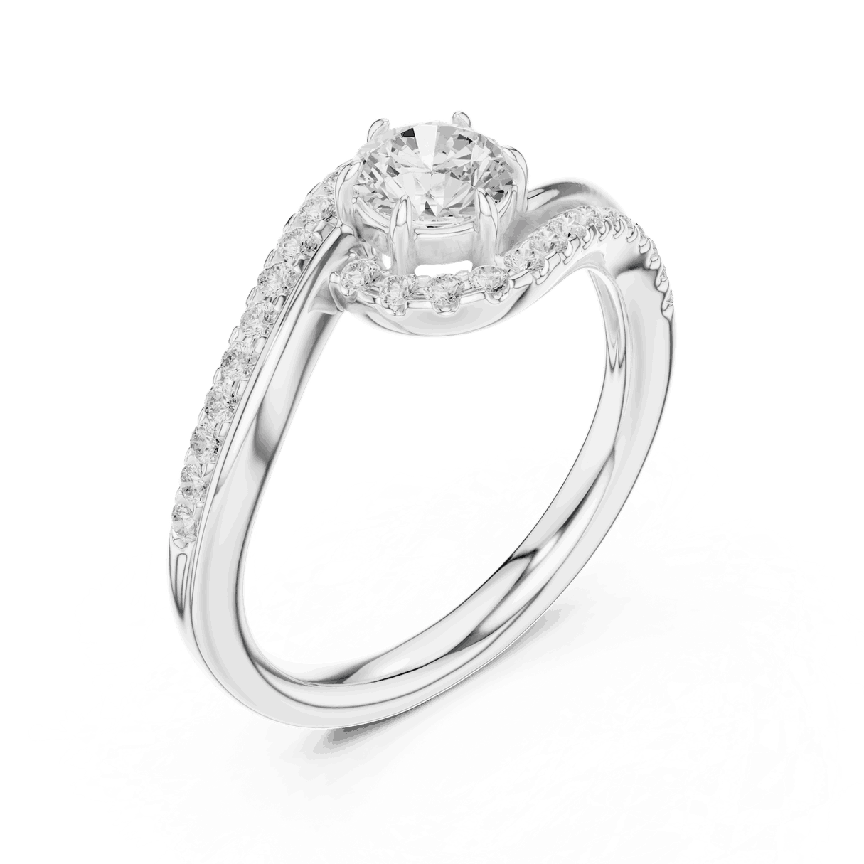 Three-Quarter View: Round Brilliant Diamond Engagement Ring with Bypass Halo Pavé Setting in 18K White Gold – Lab Grown – Driona Jewels