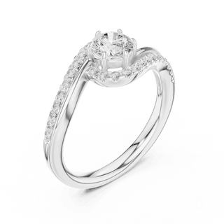 Three-Quarter View: Round Brilliant Diamond Engagement Ring with Bypass Halo Pavé Setting in 18K White Gold – Lab Grown – Driona Jewels