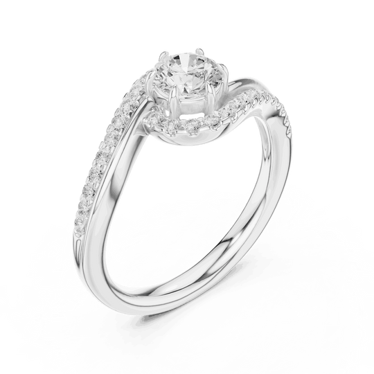 Three-Quarter View: Round Brilliant Diamond Engagement Ring with Bypass Halo Pavé Setting in 18K White Gold – Lab Grown – Driona Jewels