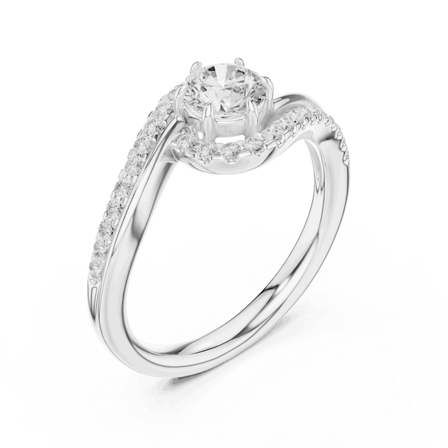 Three-Quarter View: Round Brilliant Diamond Engagement Ring with Bypass Halo Pavé Setting in 18K White Gold – Lab Grown – Driona Jewels