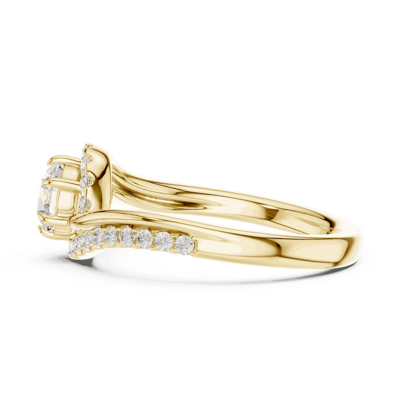 Back View: Round Brilliant Diamond Engagement Ring with Bypass Halo Pavé Setting in 18K Yellow Gold – Lab Grown – Driona Jewels