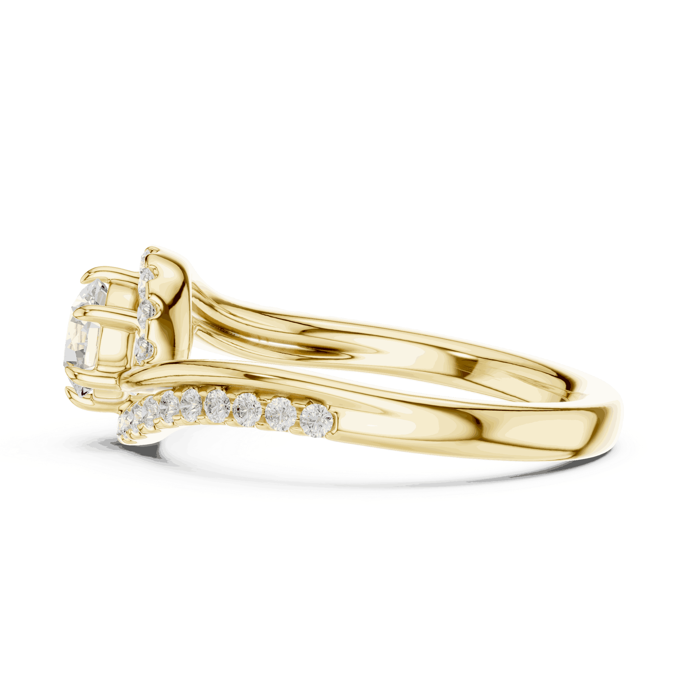 Back View: Round Brilliant Diamond Engagement Ring with Bypass Halo Pavé Setting in 18K Yellow Gold – Lab Grown – Driona Jewels