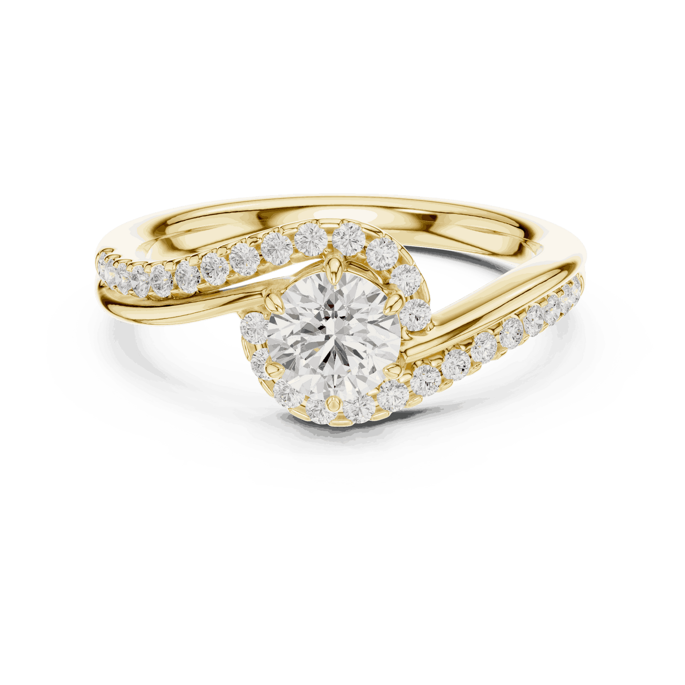 Front View: Round Brilliant Diamond Engagement Ring with Bypass Halo Pavé Setting in 18K Yellow Gold – Lab Grown – Driona Jewels