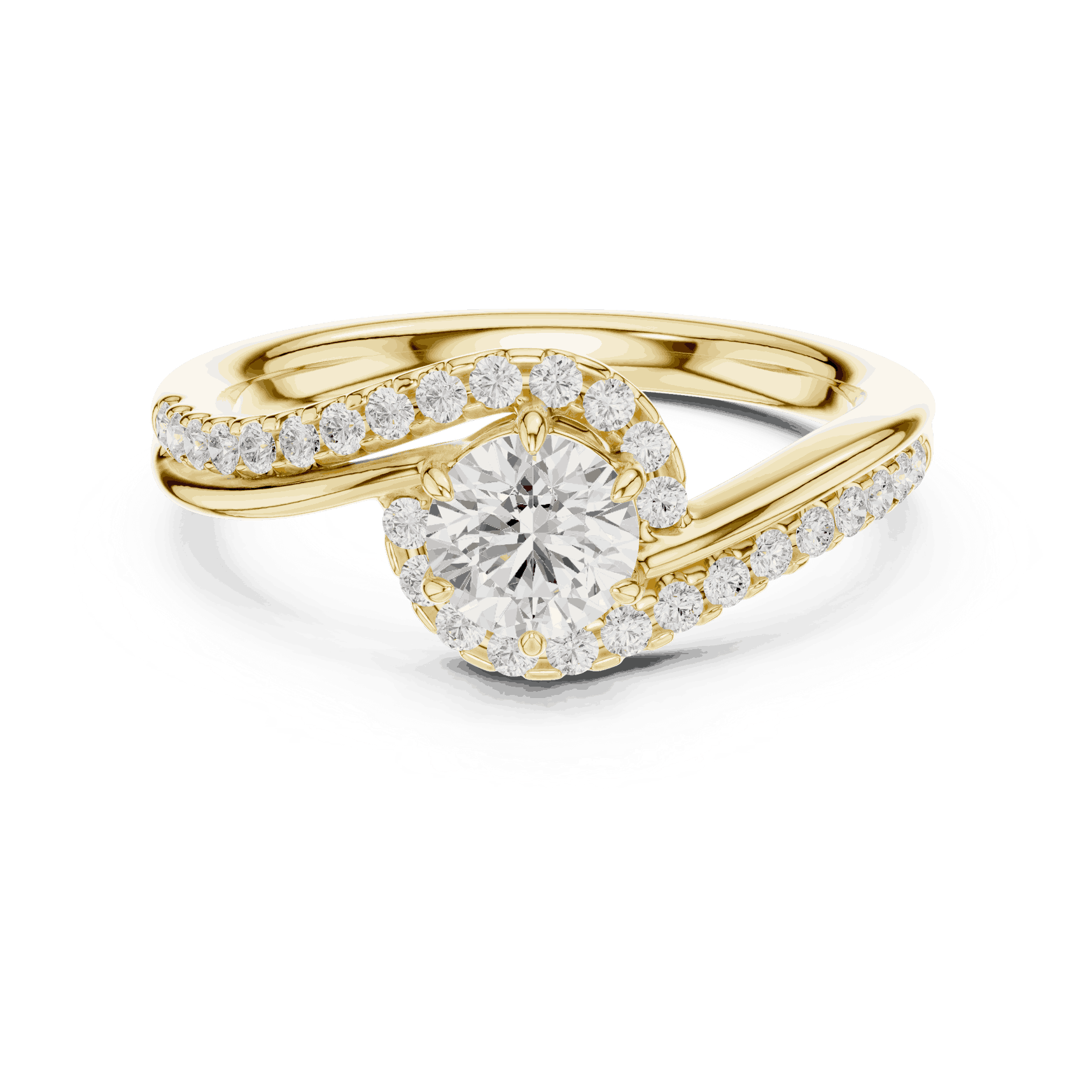 Front View: Round Brilliant Diamond Engagement Ring with Bypass Halo Pavé Setting in 18K Yellow Gold – Lab Grown – Driona Jewels