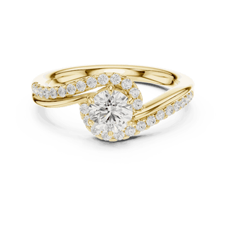 Front View: Round Brilliant Diamond Engagement Ring with Bypass Halo Pavé Setting in 18K Yellow Gold – Lab Grown – Driona Jewels