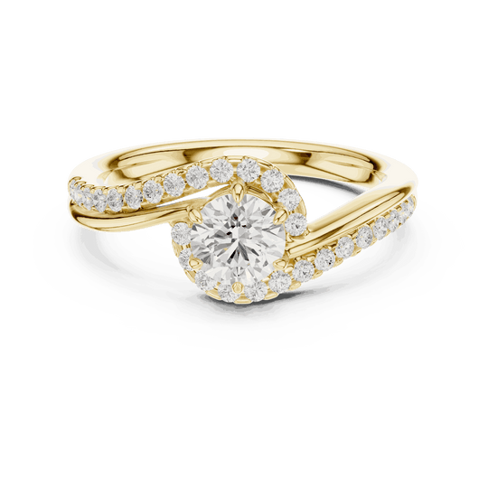 Front View: Round Brilliant Diamond Engagement Ring with Bypass Halo Pavé Setting in 18K Yellow Gold – Lab Grown – Driona Jewels