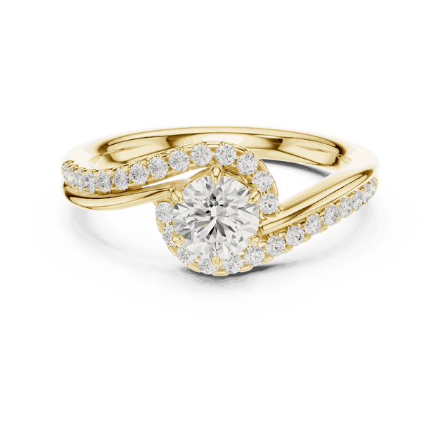Front View: Round Brilliant Diamond Engagement Ring with Bypass Halo Pavé Setting in 18K Yellow Gold – Lab Grown – Driona Jewels