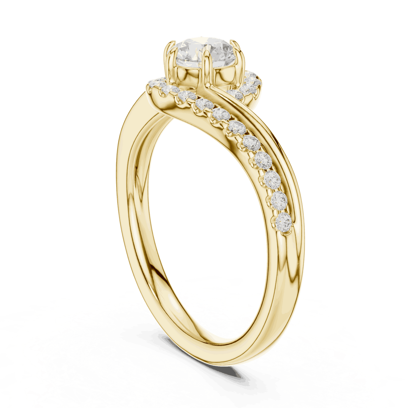 Side Profile: Round Brilliant Diamond Engagement Ring with Bypass Halo Pavé Setting in 18K Yellow Gold – Lab Grown – Driona Jewels