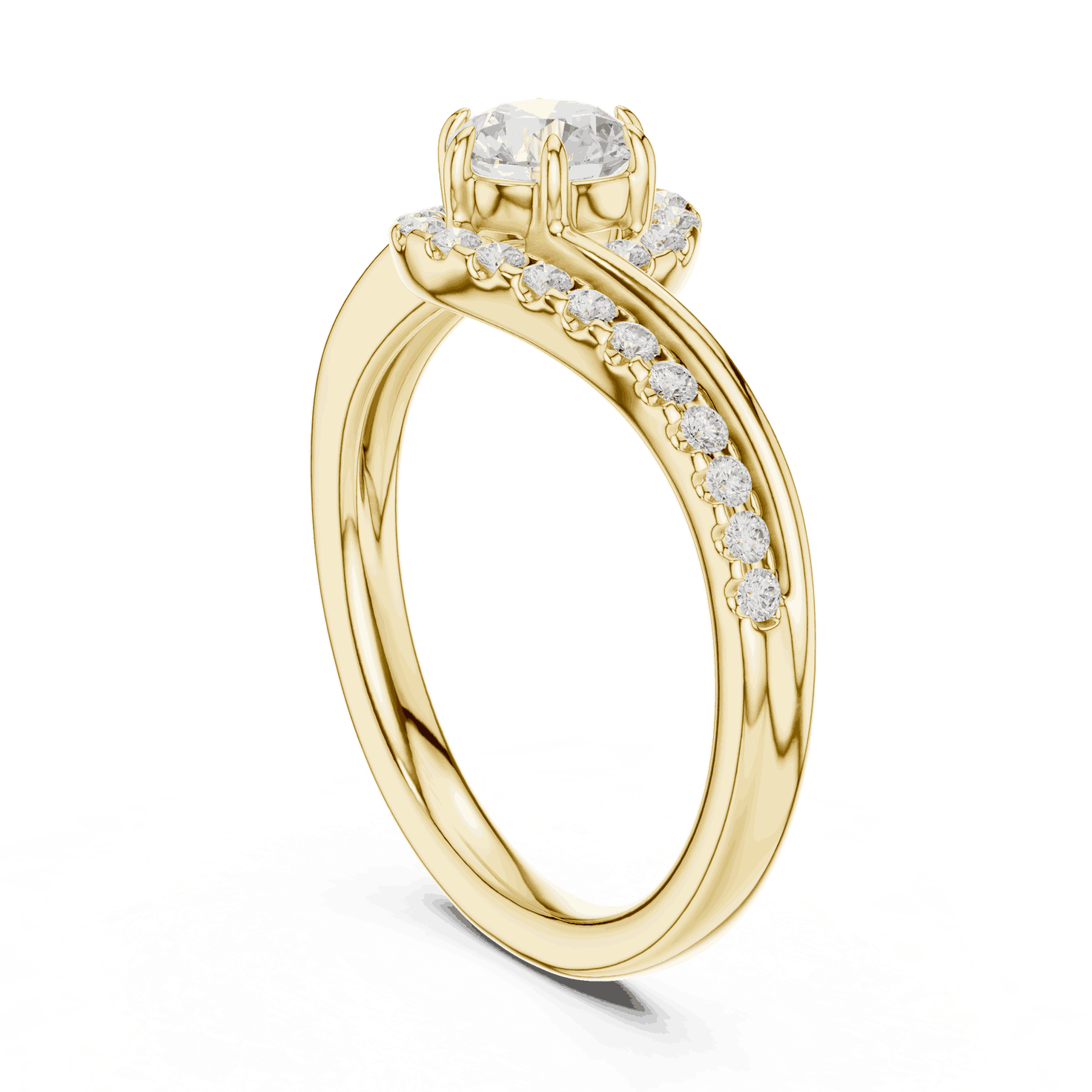 Side Profile: Round Brilliant Diamond Engagement Ring with Bypass Halo Pavé Setting in 18K Yellow Gold – Lab Grown – Driona Jewels