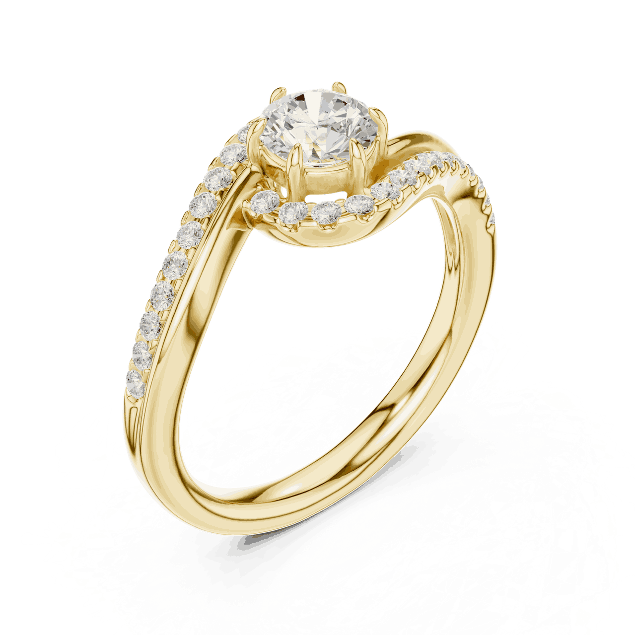 Three-Quarter View: Round Brilliant Diamond Engagement Ring with Bypass Halo Pavé Setting in 18K Yellow Gold – Lab Grown – Driona Jewels