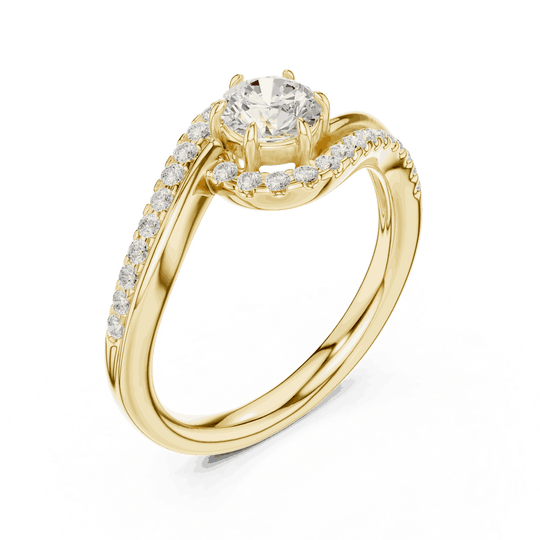 Three-Quarter View: Round Brilliant Diamond Engagement Ring with Bypass Halo Pavé Setting in 18K Yellow Gold – Lab Grown – Driona Jewels