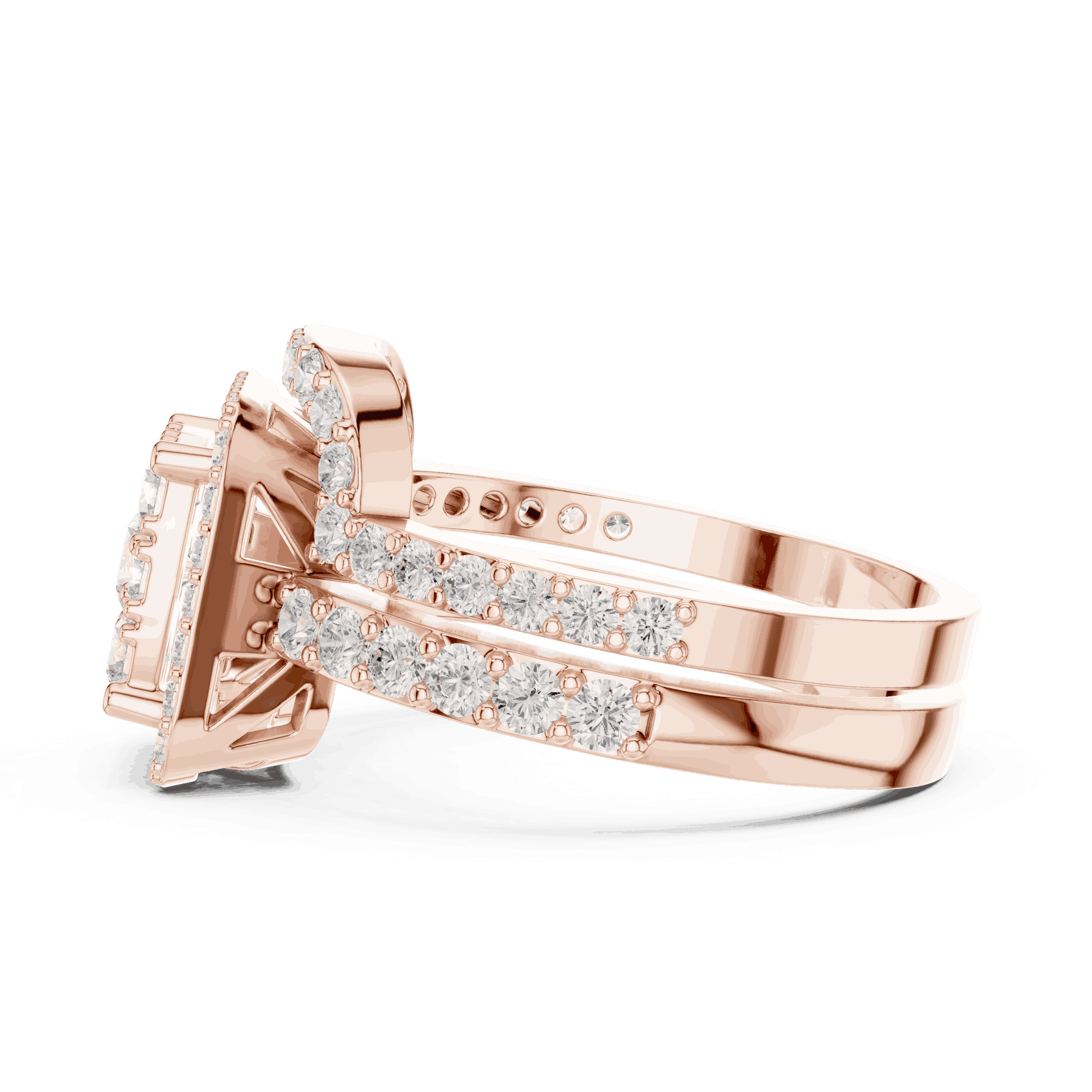 Back View: Round Brilliant Diamond Engagement Ring with Cushion Halo and Pavé Setting in 18K Rose Gold – Lab Grown – Driona Jewels