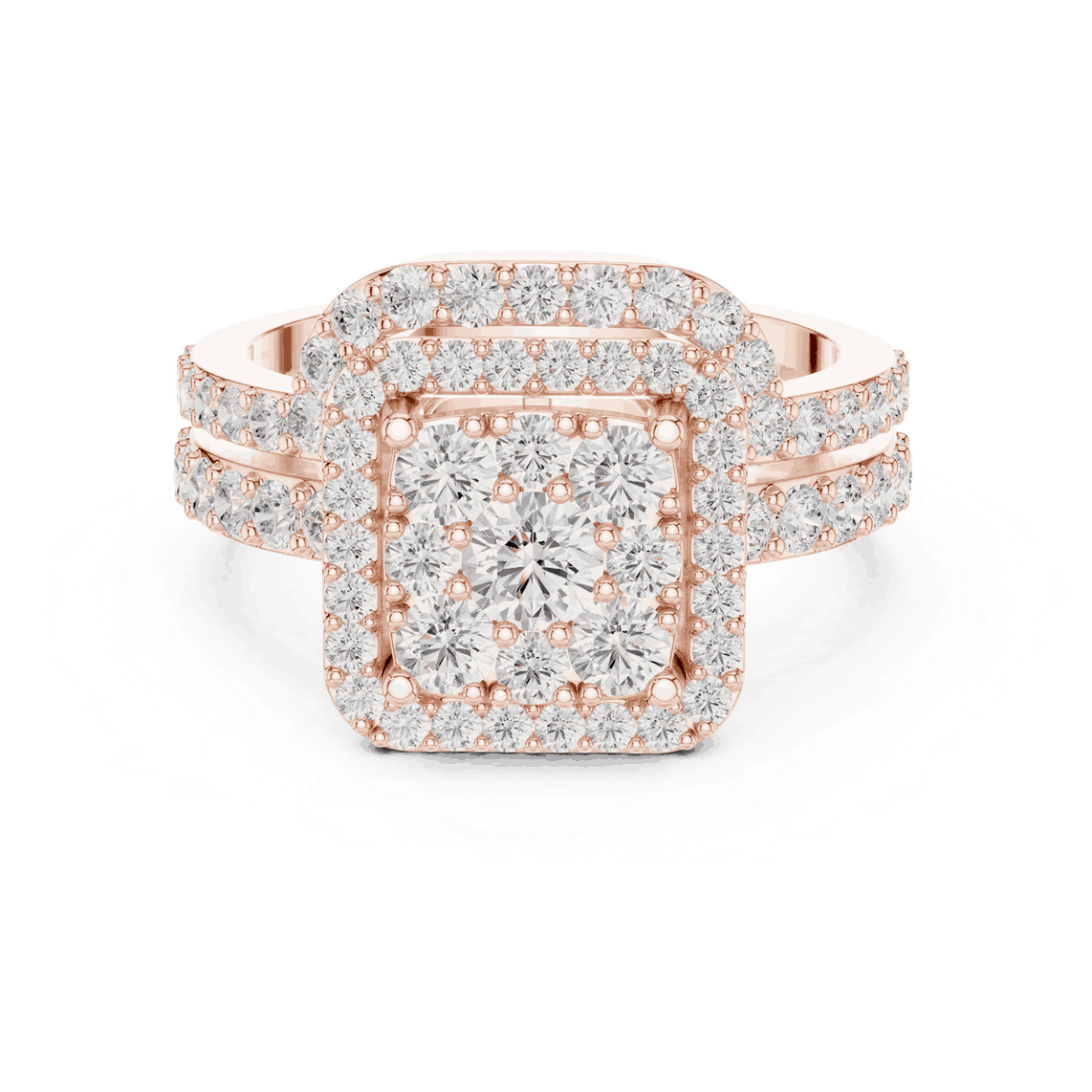 Front View: Round Brilliant Diamond Engagement Ring with Cushion Halo and Pavé Setting in 18K Rose Gold – Lab Grown – Driona Jewels