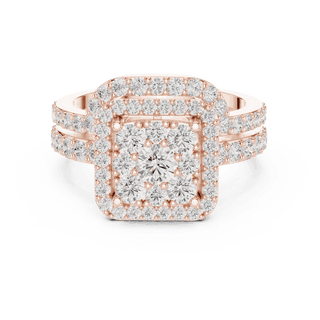 Front View: Round Brilliant Diamond Engagement Ring with Cushion Halo and Pavé Setting in 18K Rose Gold – Lab Grown – Driona Jewels