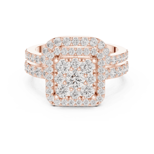 Front View: Round Brilliant Diamond Engagement Ring with Cushion Halo and Pavé Setting in 18K Rose Gold – Lab Grown – Driona Jewels