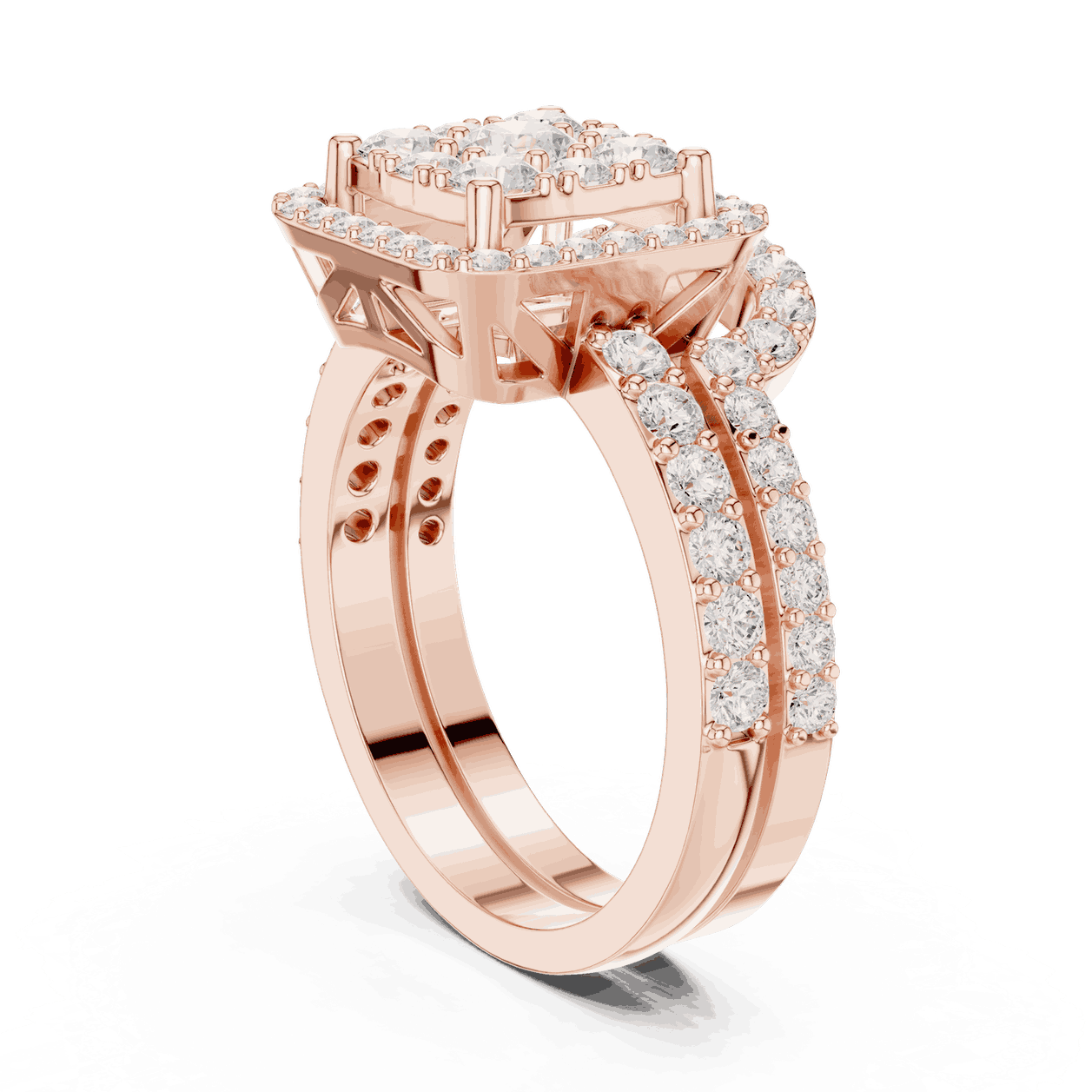 Side Profile: Round Brilliant Diamond Engagement Ring with Cushion Halo and Pavé Setting in 18K Rose Gold – Lab Grown – Driona Jewels