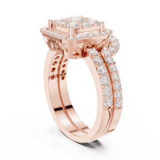Side Profile: Round Brilliant Diamond Engagement Ring with Cushion Halo and Pavé Setting in 18K Rose Gold – Lab Grown – Driona Jewels