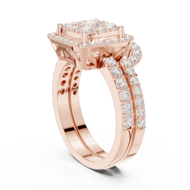 Side Profile: Round Brilliant Diamond Engagement Ring with Cushion Halo and Pavé Setting in 18K Rose Gold – Lab Grown – Driona Jewels
