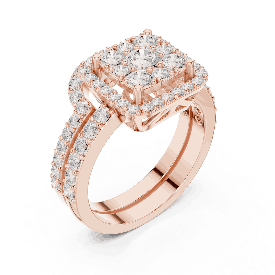 Three-Quarter View: Round Brilliant Diamond Engagement Ring with Cushion Halo and Pavé Setting in 18K Rose Gold – Lab Grown – Driona Jewels