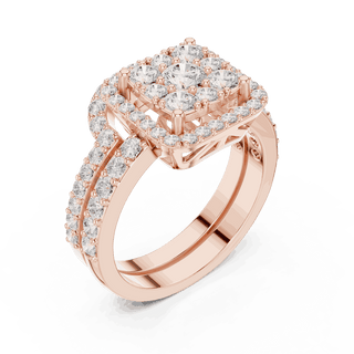 Three-Quarter View: Round Brilliant Diamond Engagement Ring with Cushion Halo and Pavé Setting in 18K Rose Gold – Lab Grown – Driona Jewels